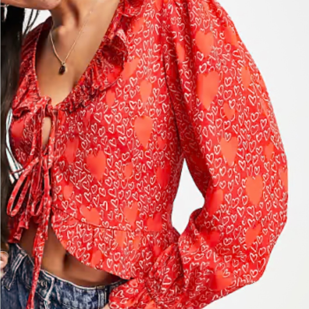Red Ruffled Cropped Blouse with Heart Print